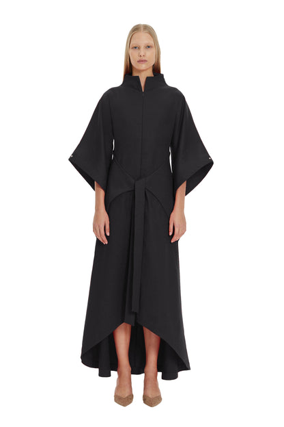 Black Kimono Sleeve High Neck Asymmetrical Belted