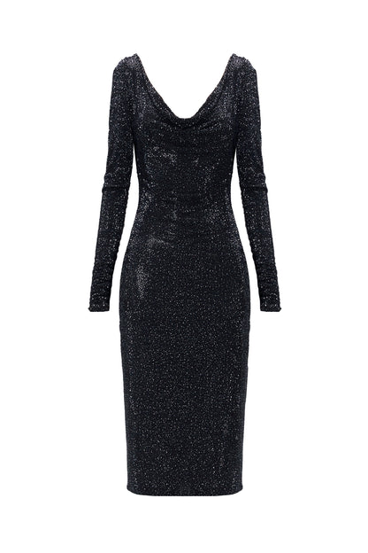 Black Long Sleeve Cowl Neck Backless Sequin Bodycon Evening