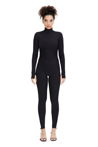 Black Long Sleeve High Neck Full Bodysuit - Bodysuit