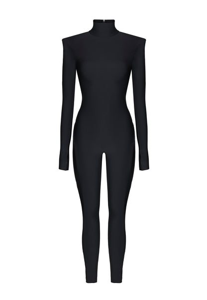 Black Long Sleeve Turtleneck Shoulder Pad Full Bodysuit