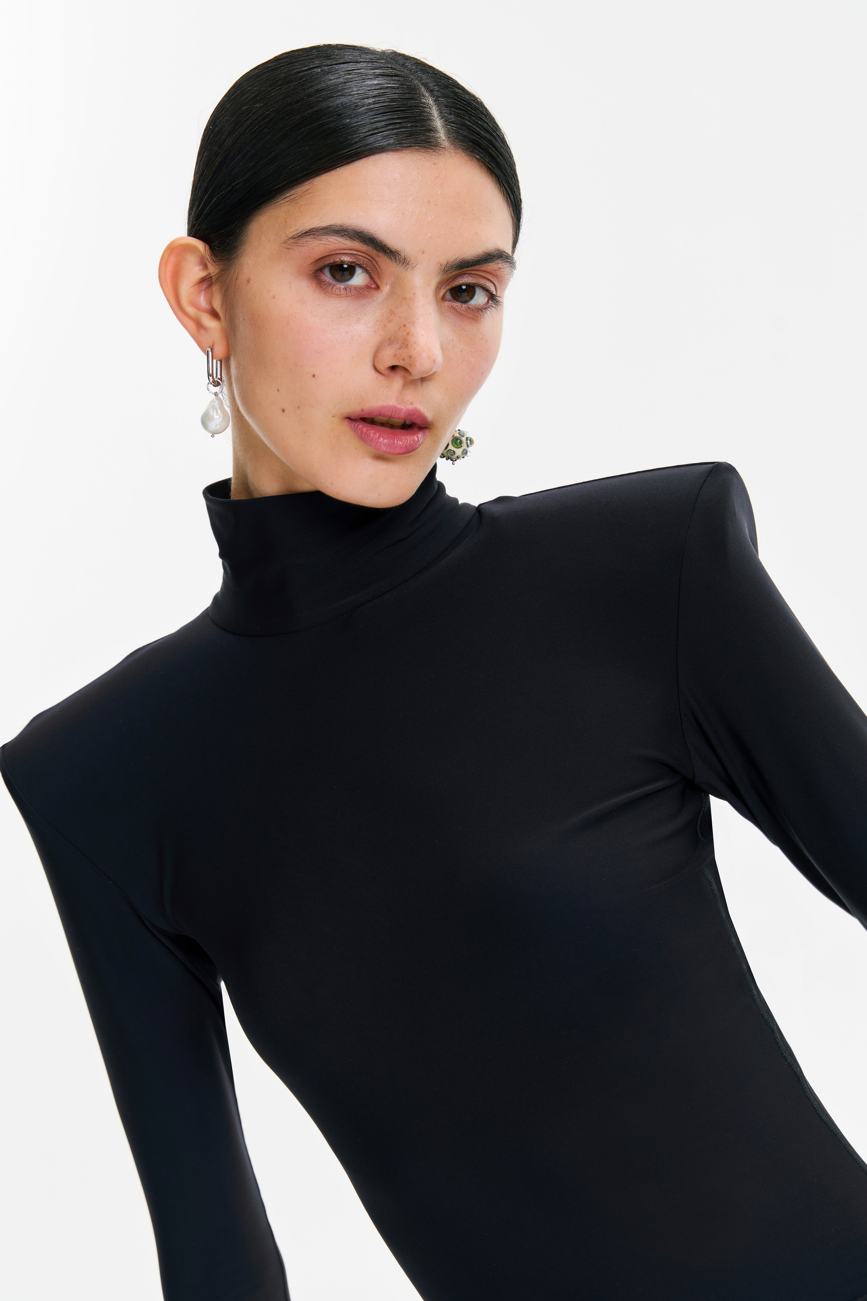 Black Long Sleeve Turtleneck Shoulder Pad Full Bodysuit