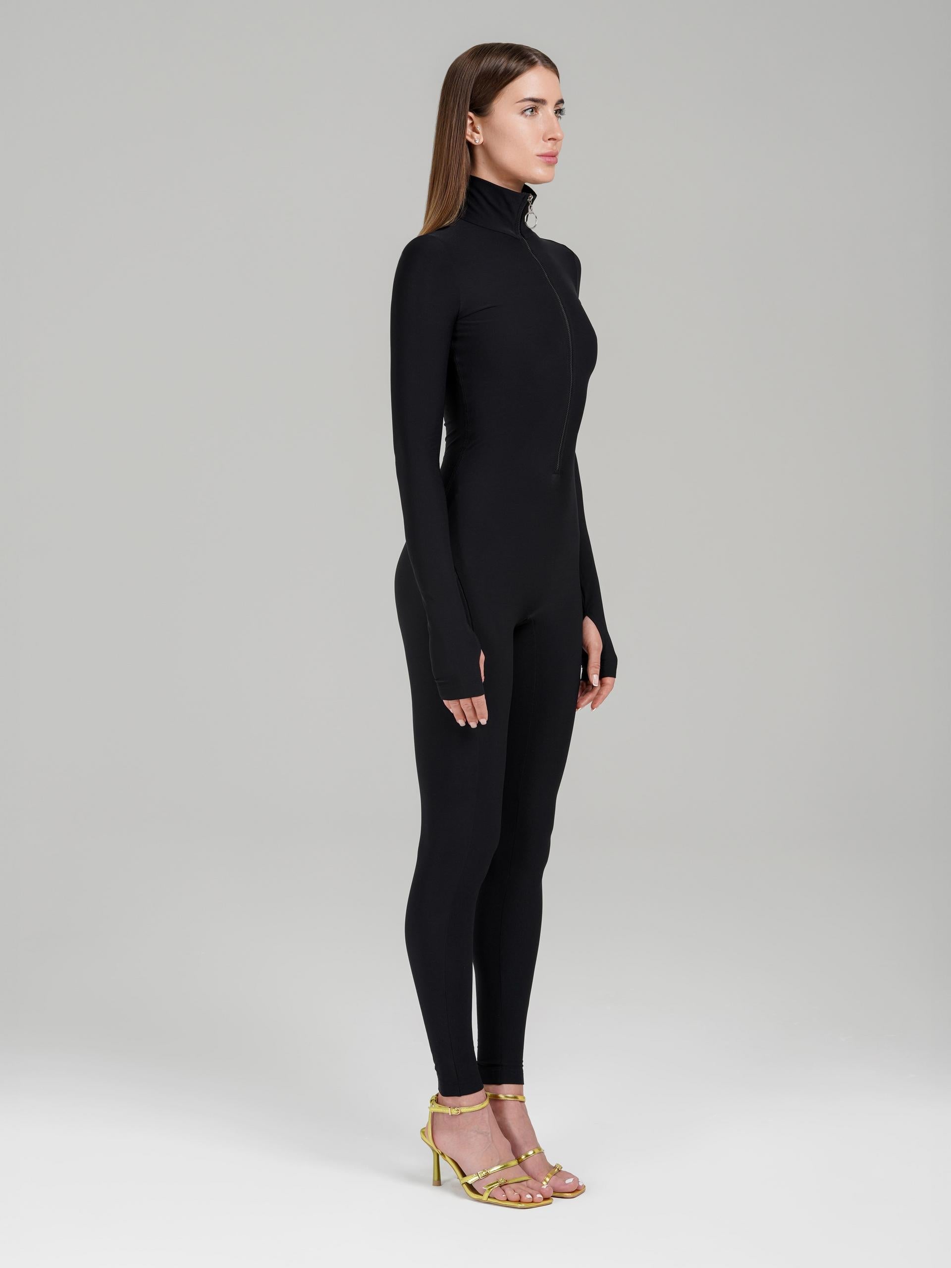 Black Long Sleeve Turtleneck Zip Up Full Bodysuit - Bodysuit