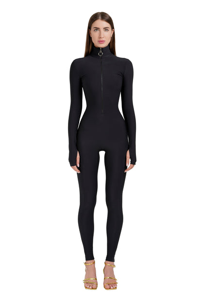 Black Long Sleeve Turtleneck Zip Up Full Bodysuit - Bodysuit