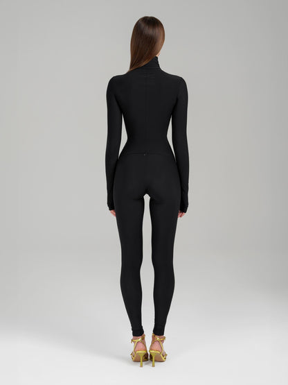 Black Long Sleeve Turtleneck Zip Up Full Bodysuit - Bodysuit