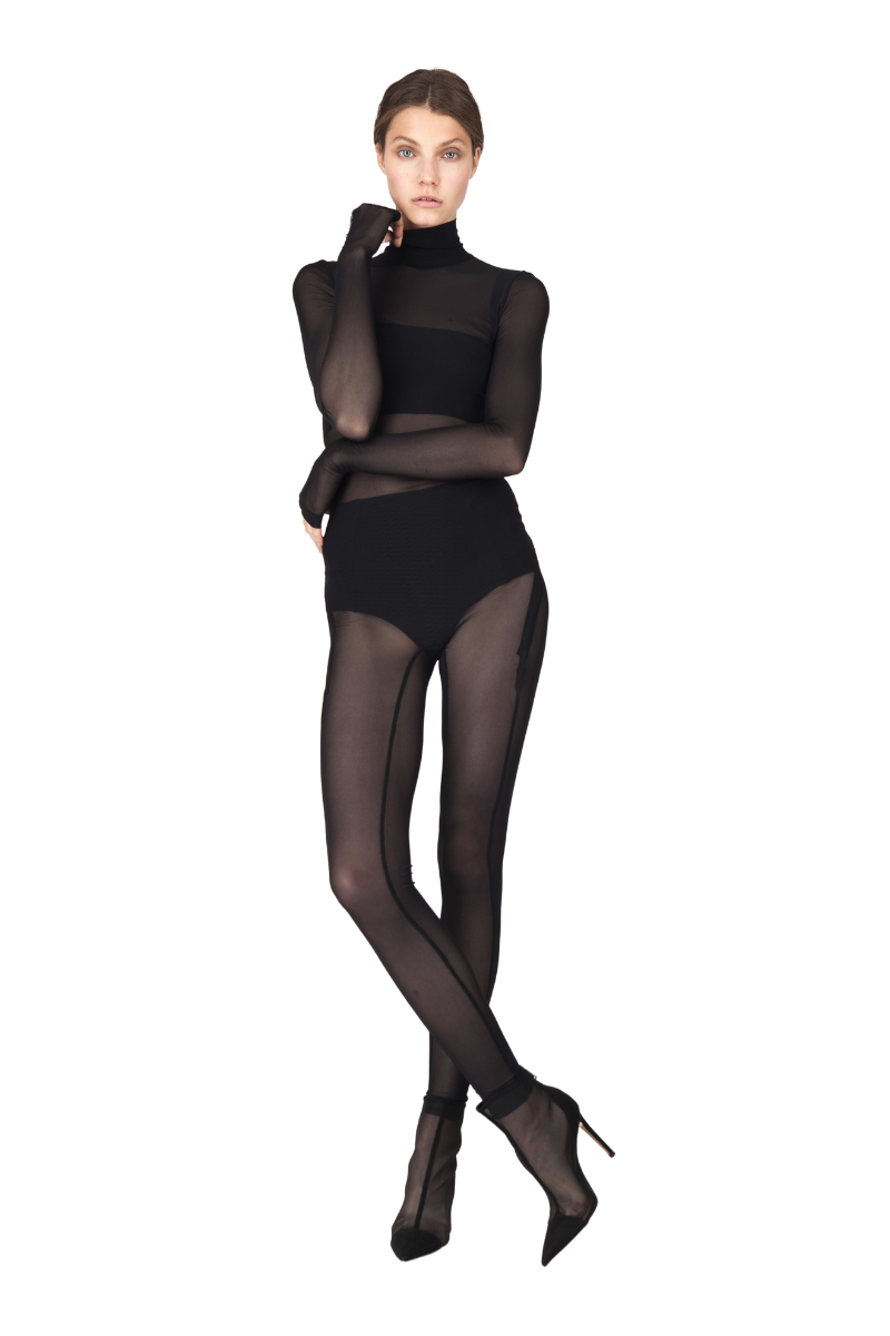 Black Mesh Long Sleeve Turtleneck Full Bodysuit - Bodysuit