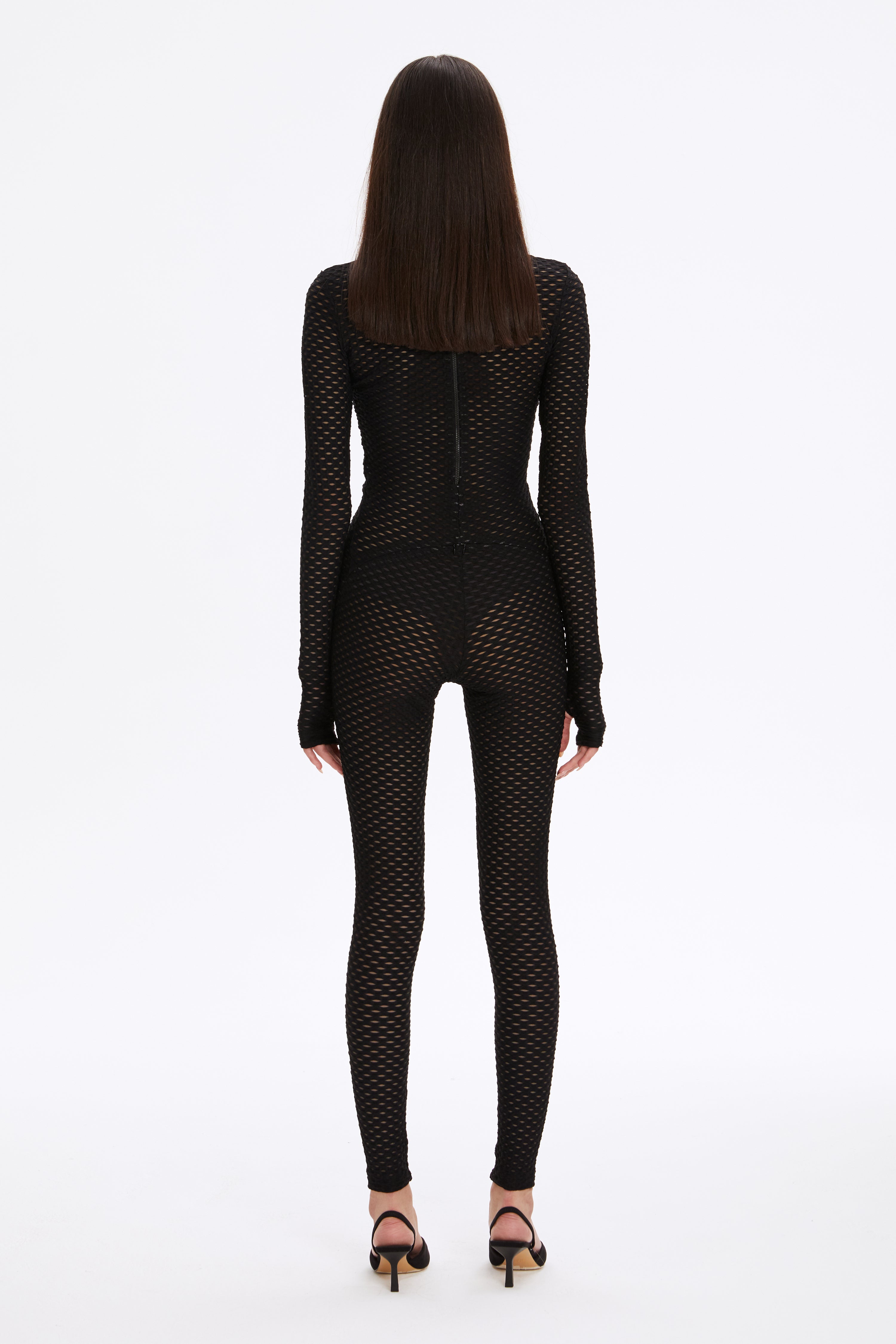 Black Mesh Turtleneck Long Sleeve Full Bodysuit 3D