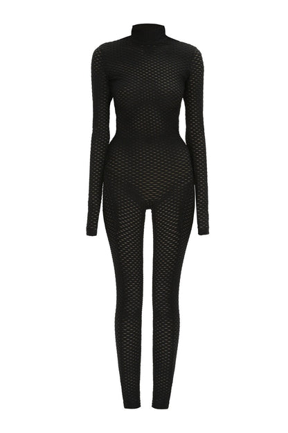 Black Mesh Turtleneck Long Sleeve Full Bodysuit 3D