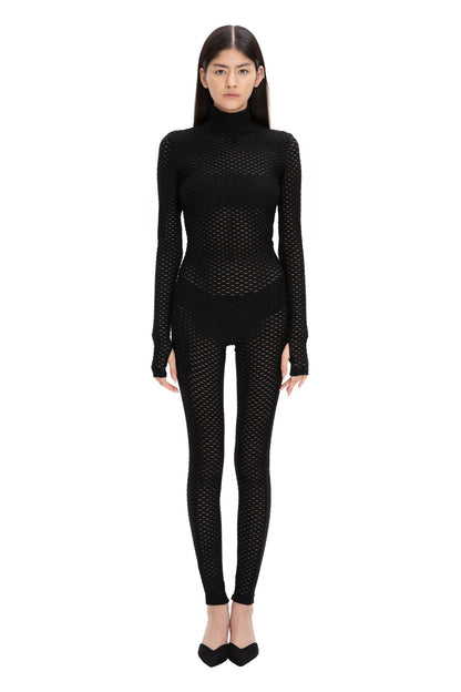 Black Mesh Turtleneck Long Sleeve Full Bodysuit 3D