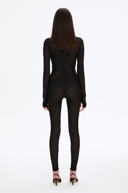 Black Mesh Turtleneck Long Sleeve Full Bodysuit - Bodysuit