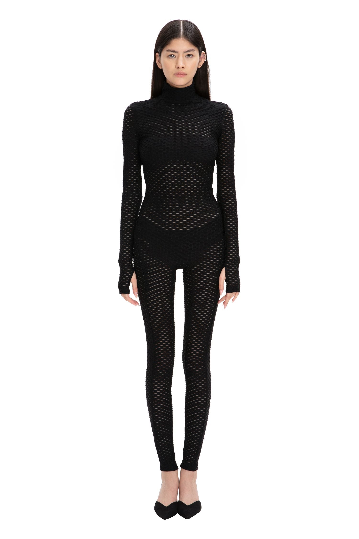 Black Mesh Turtleneck Long Sleeve Full Bodysuit - Bodysuit