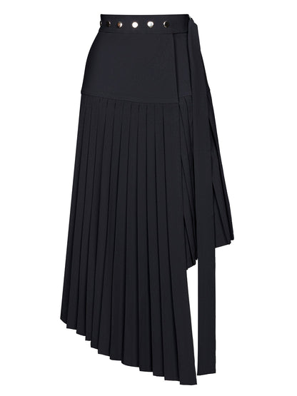 Black Midi High-Waist Asymmetrical Pleated Skirt - S-L