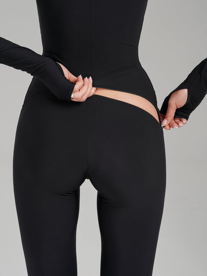 Black Scoop Neck Long Sleeve Full Bodysuit Open - Bodysuit