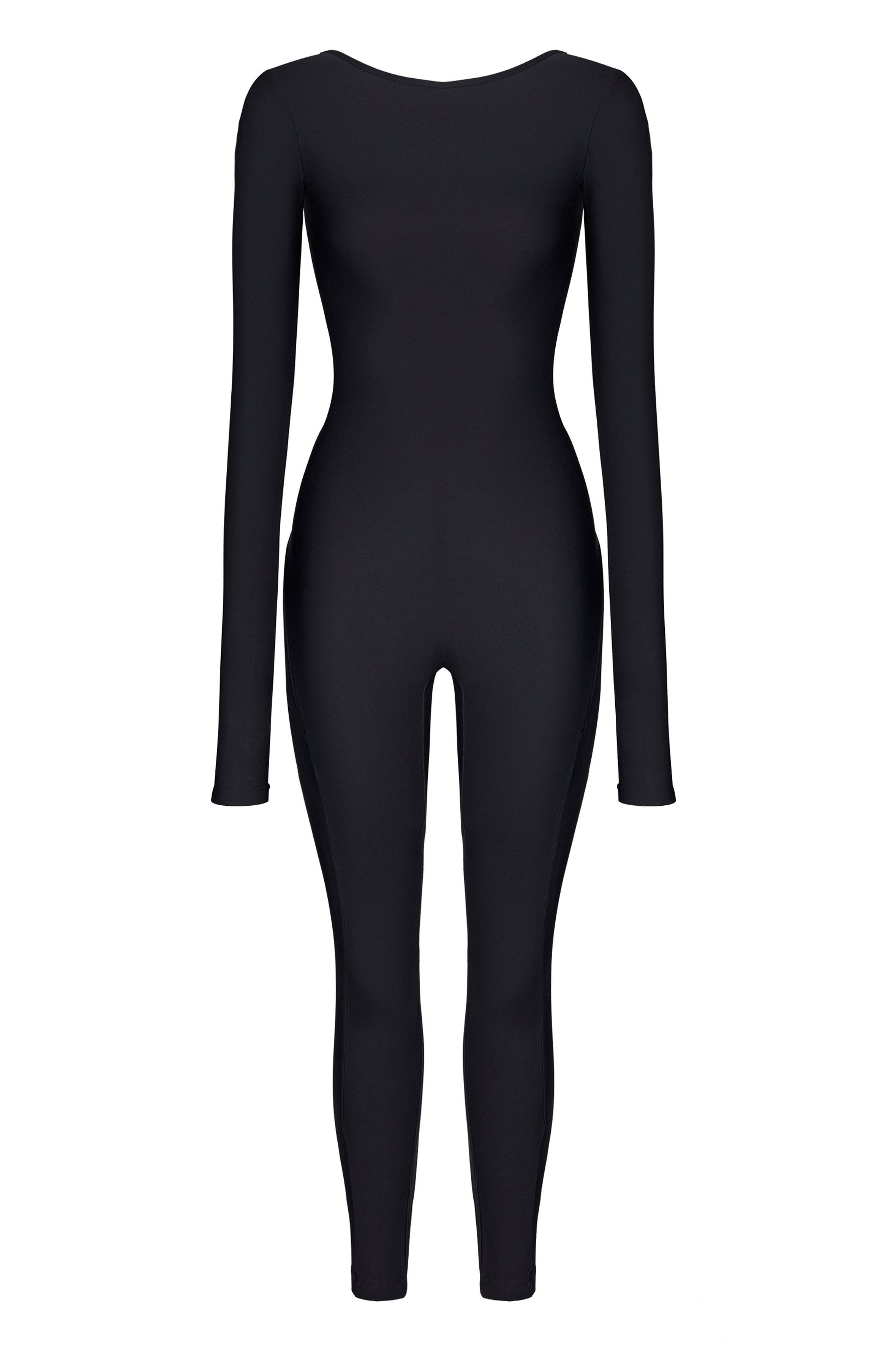 Black Scoop Neck Long Sleeve Full Bodysuit Open - Bodysuit