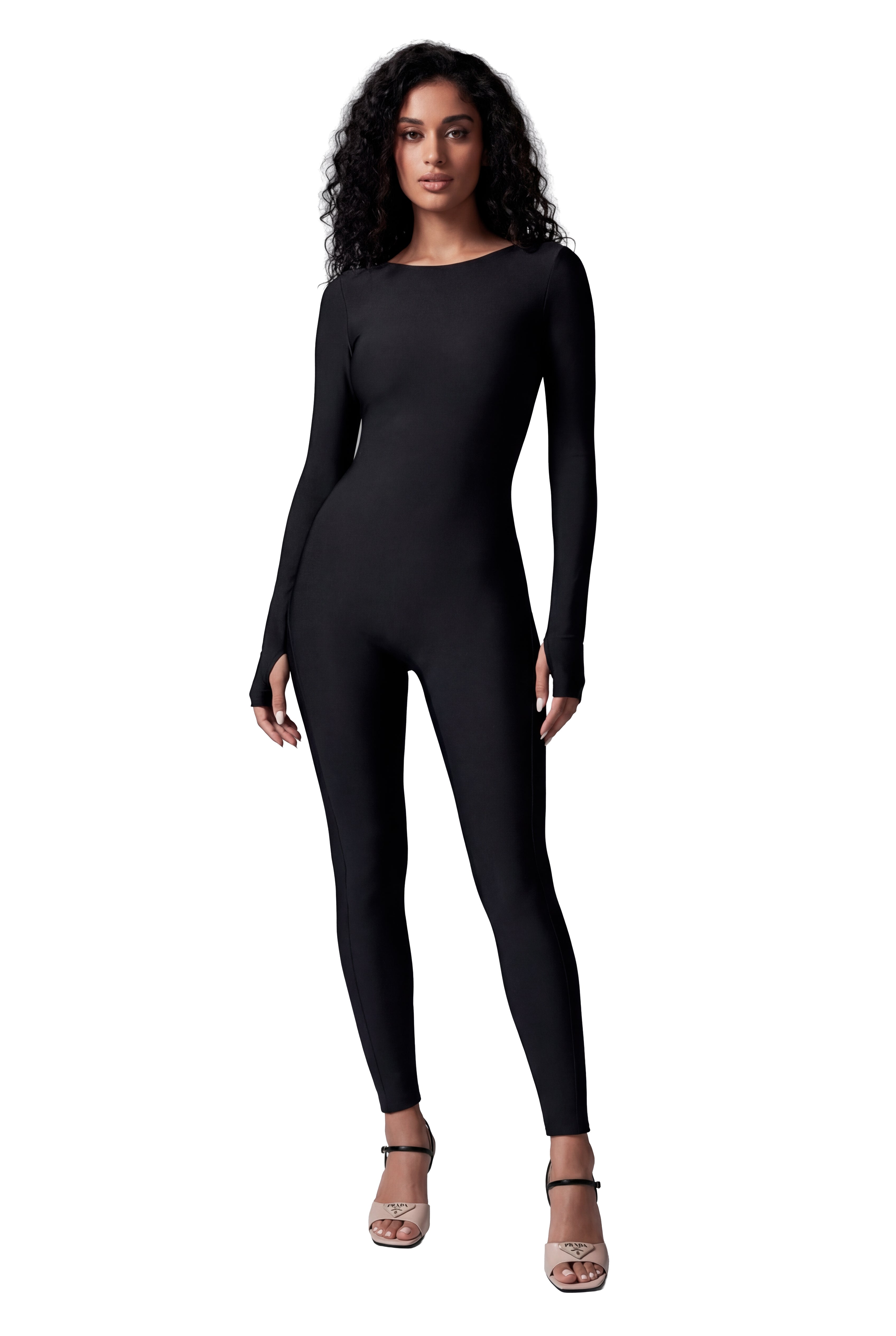 Black Scoop Neck Long Sleeve Full Bodysuit Open