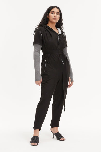 Black Short/Long Sleeve Plus Size Hooded Belted Casual