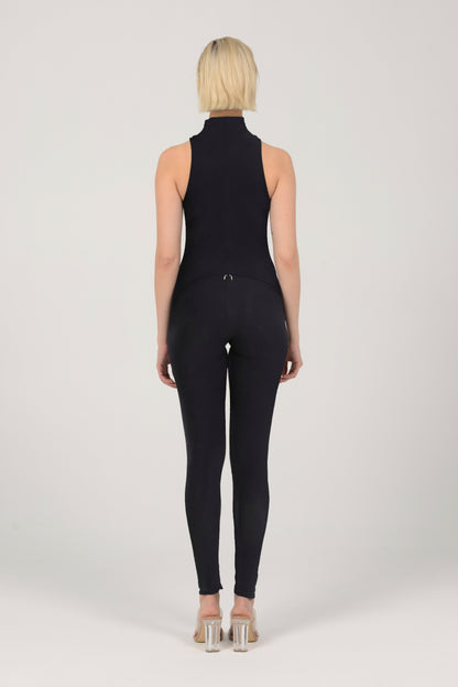 Black Sleeveless High Neck Zip Up Bodysuit Americana