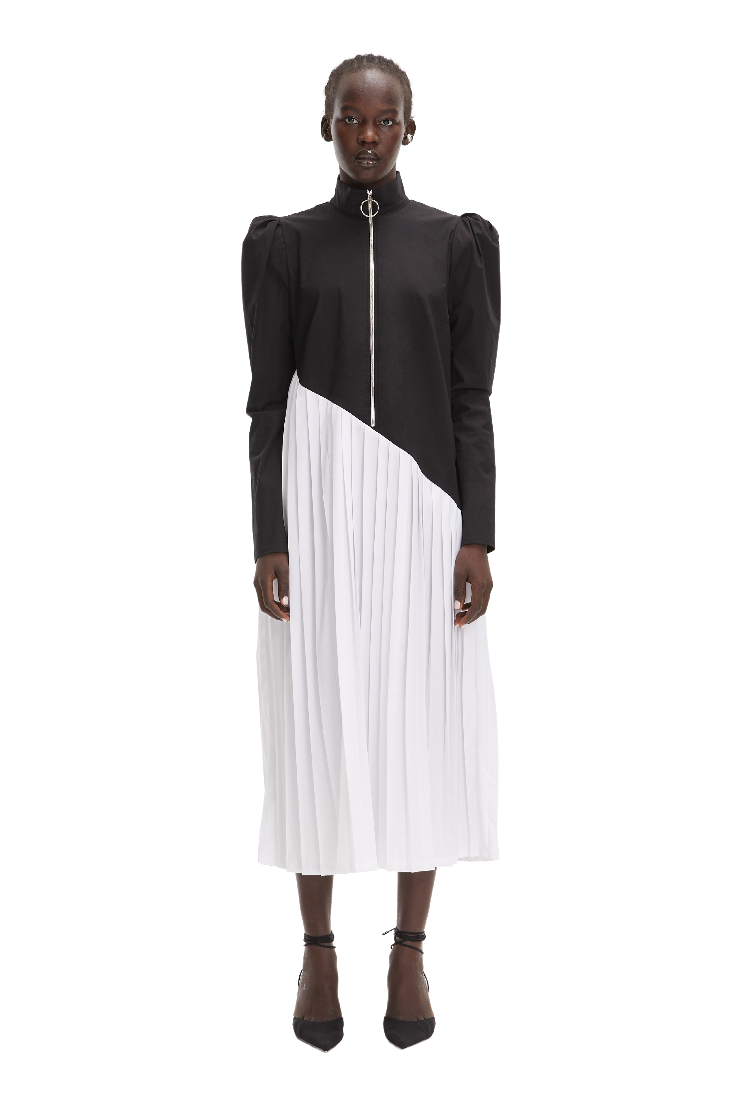 Black & White Puff Long Sleeve High Neck Pleated Belted Zip