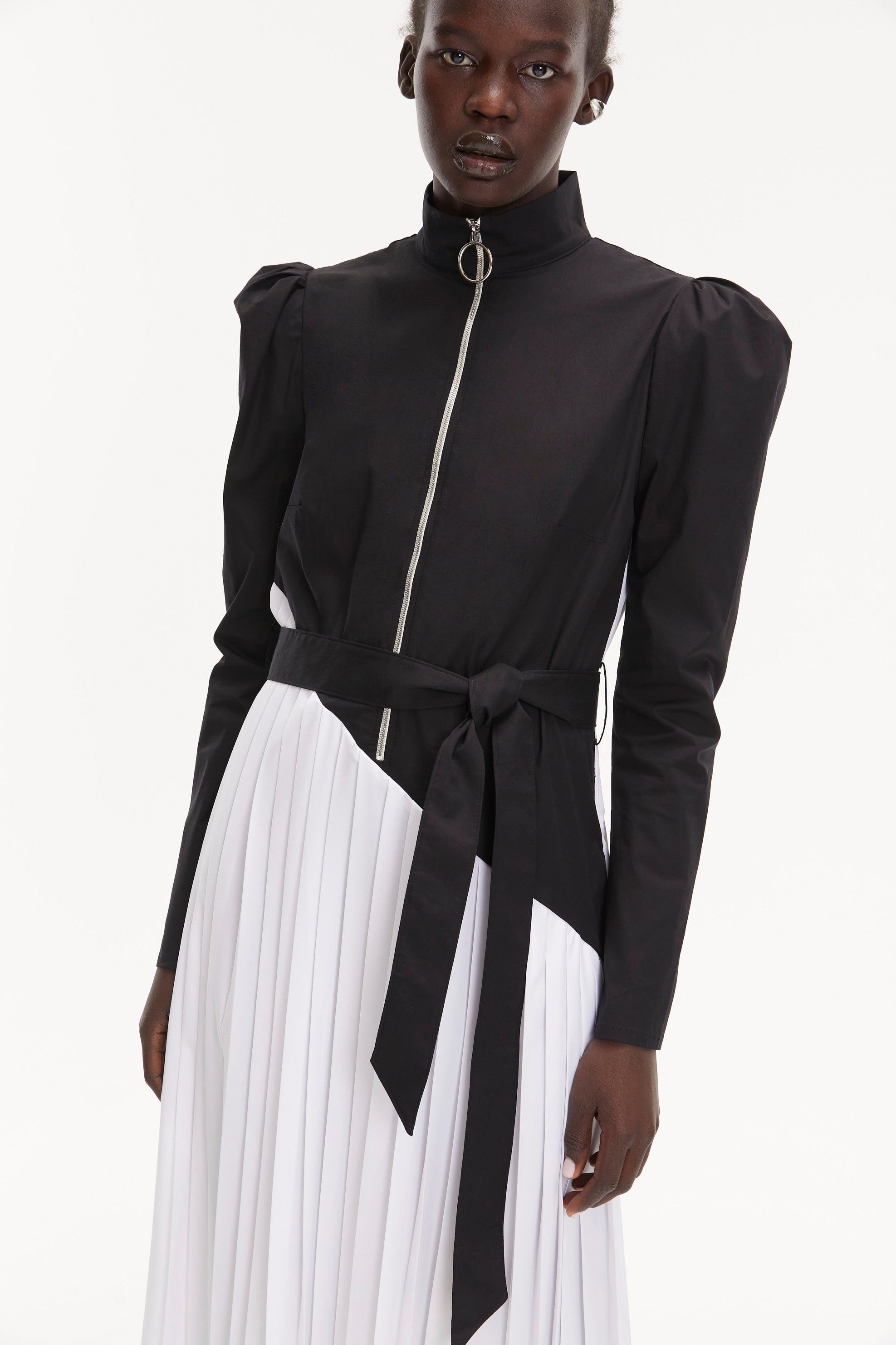 Black & White Puff Long Sleeve High Neck Pleated Belted Zip