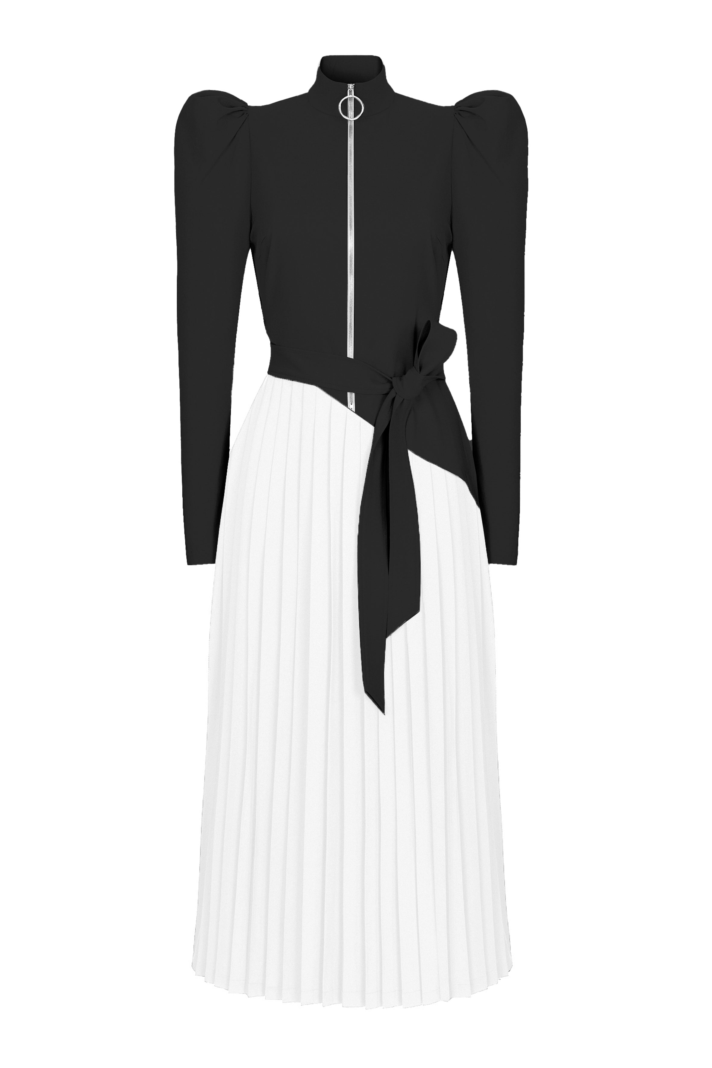 Black & White Puff Long Sleeve High Neck Pleated Belted Zip