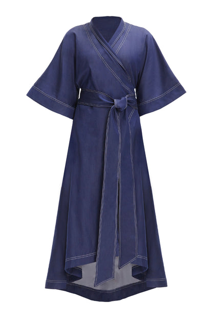 Blue 3/4 Wide Sleeve V-Neck Wrap Belted Denim Casual Kimono