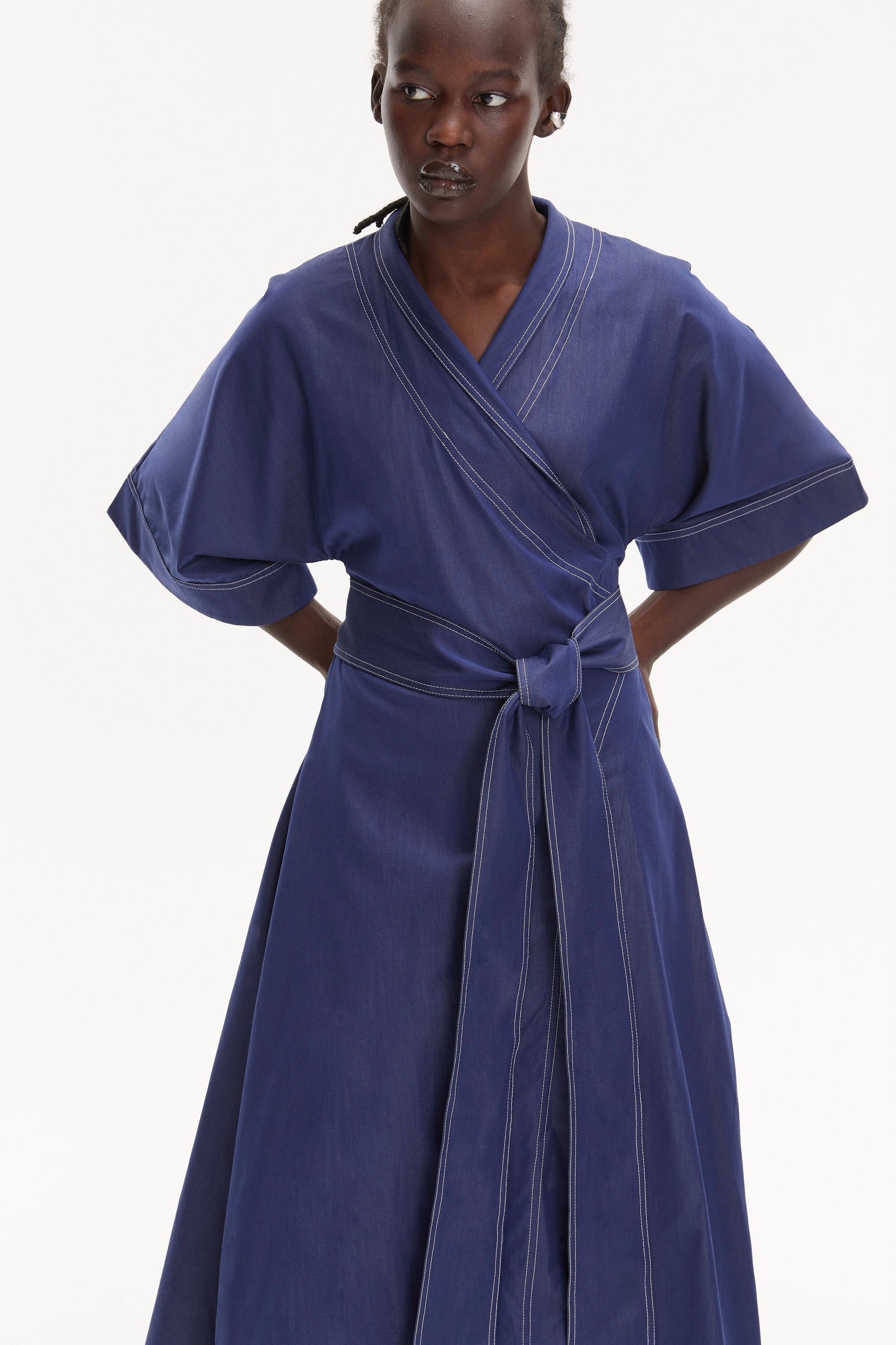 Blue 3/4 Wide Sleeve V-Neck Wrap Belted Denim Casual Kimono