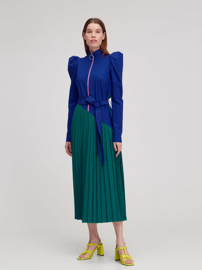 Blue & Green Puff Long Sleeve High Neck Pleated Belted Zip