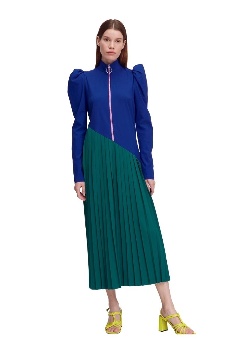 Blue & Green Puff Long Sleeve High Neck Pleated Belted Zip