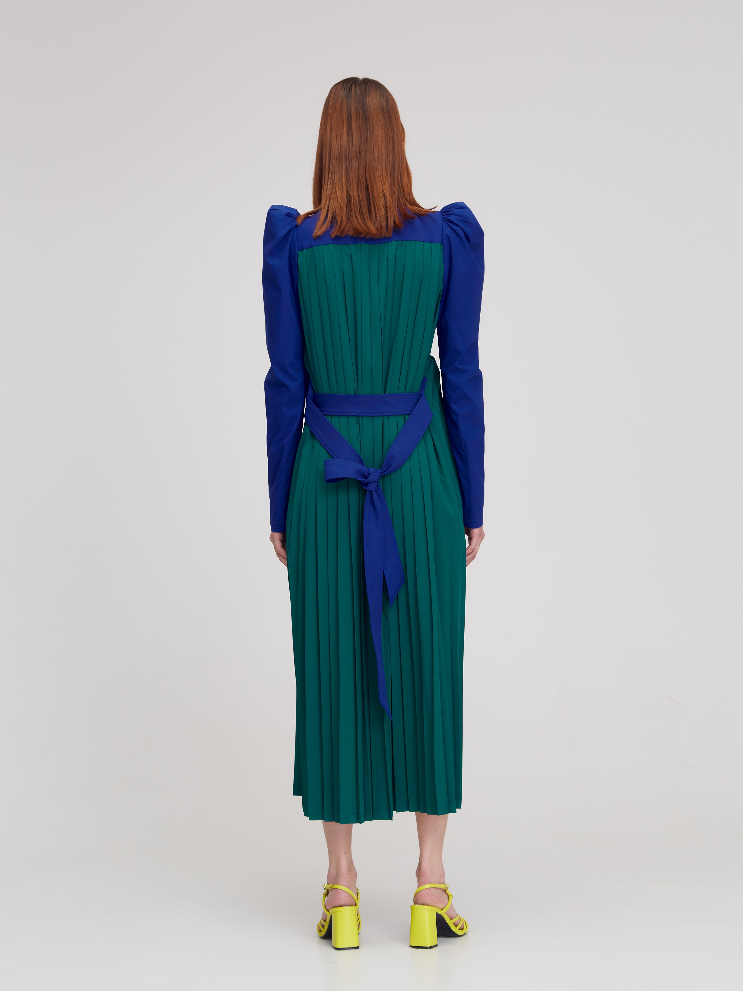 Blue & Green Puff Long Sleeve High Neck Pleated Belted Zip