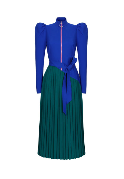 Blue & Green Puff Long Sleeve High Neck Pleated Belted Zip