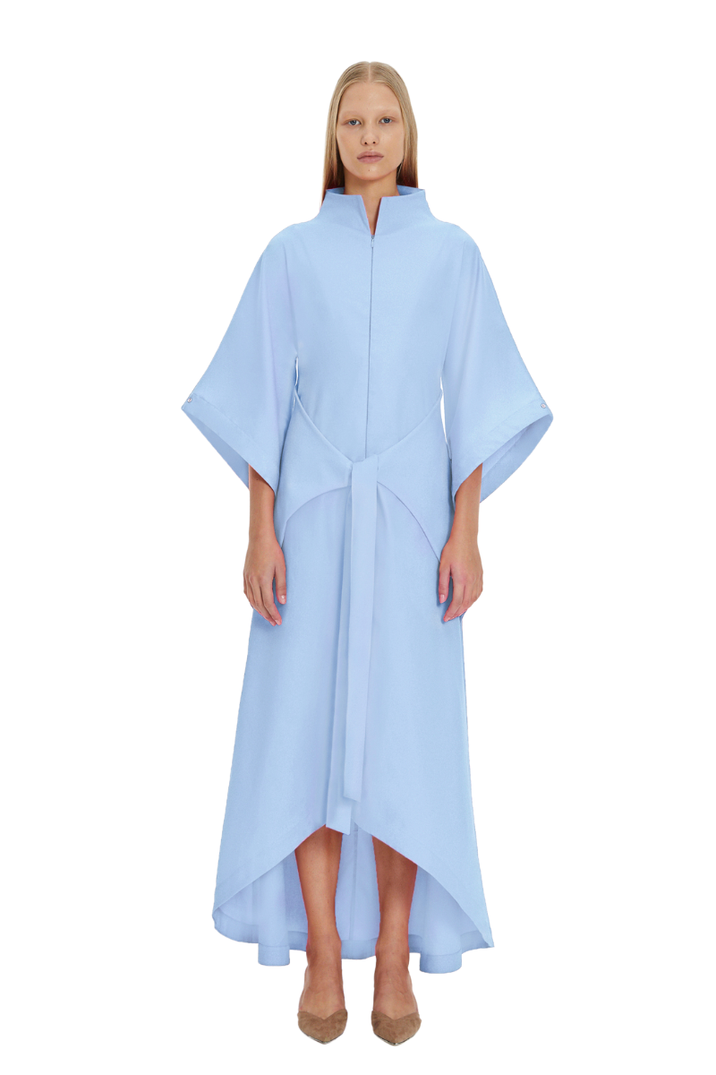 Blue Kimono Sleeve High Neck Asymmetrical Belted Futuristic