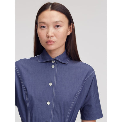 Blue Short Sleeve Collared Denim Belted Full-Length Casual