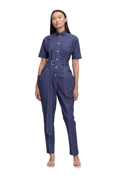 Blue Short Sleeve Collared Denim Belted Full-Length Casual