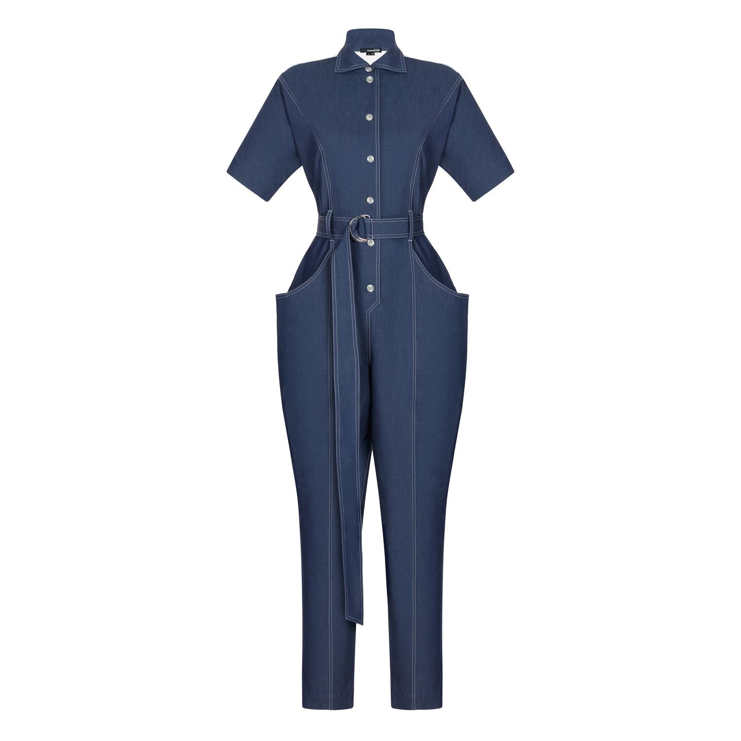 Blue Short Sleeve Collared Denim Belted Full-Length Casual