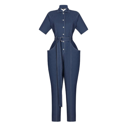 Blue Short Sleeve Collared Denim Belted Full-Length Casual