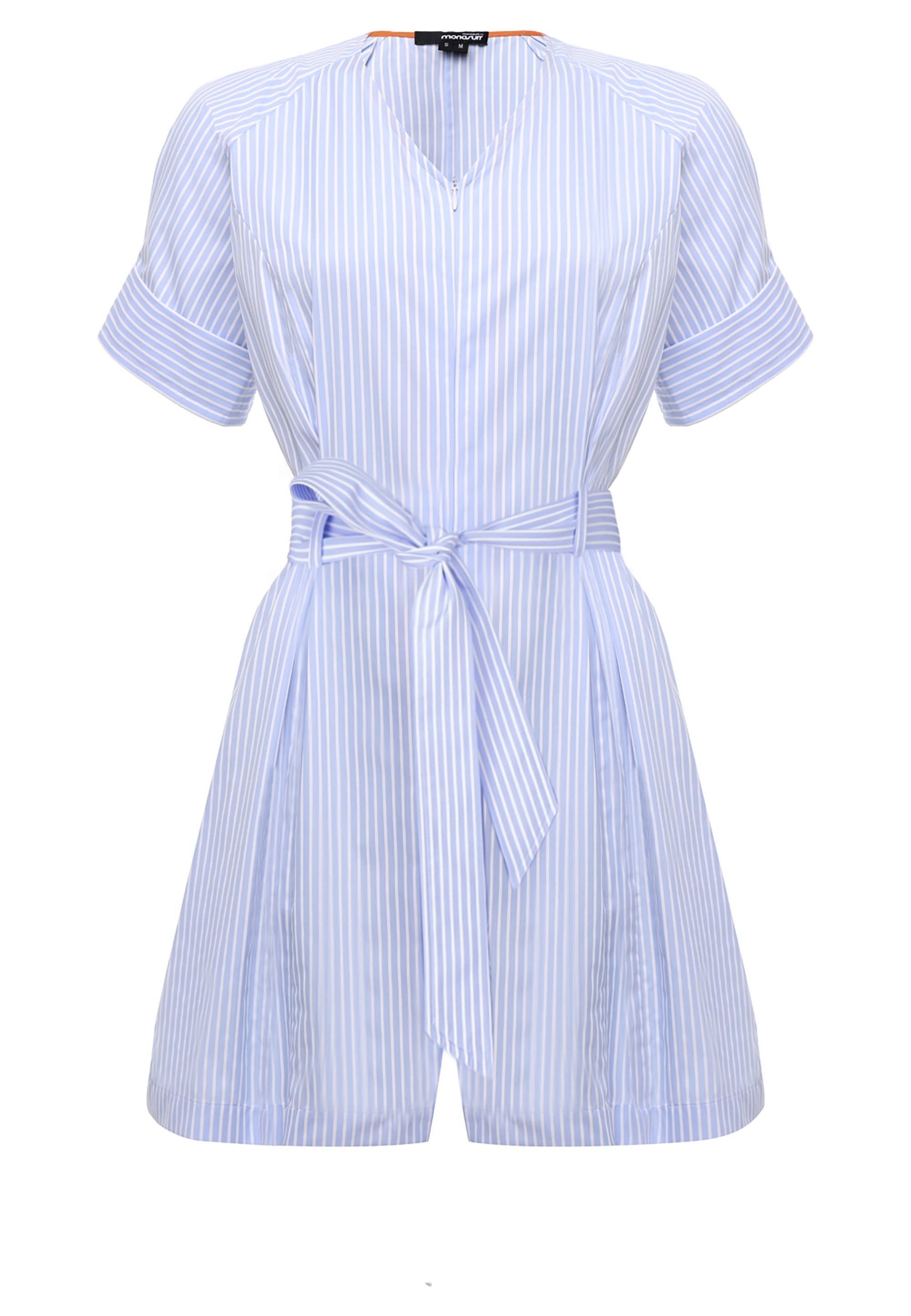 Blue Short Sleeve Cotton V-Neck Tie-Waist Short Casual