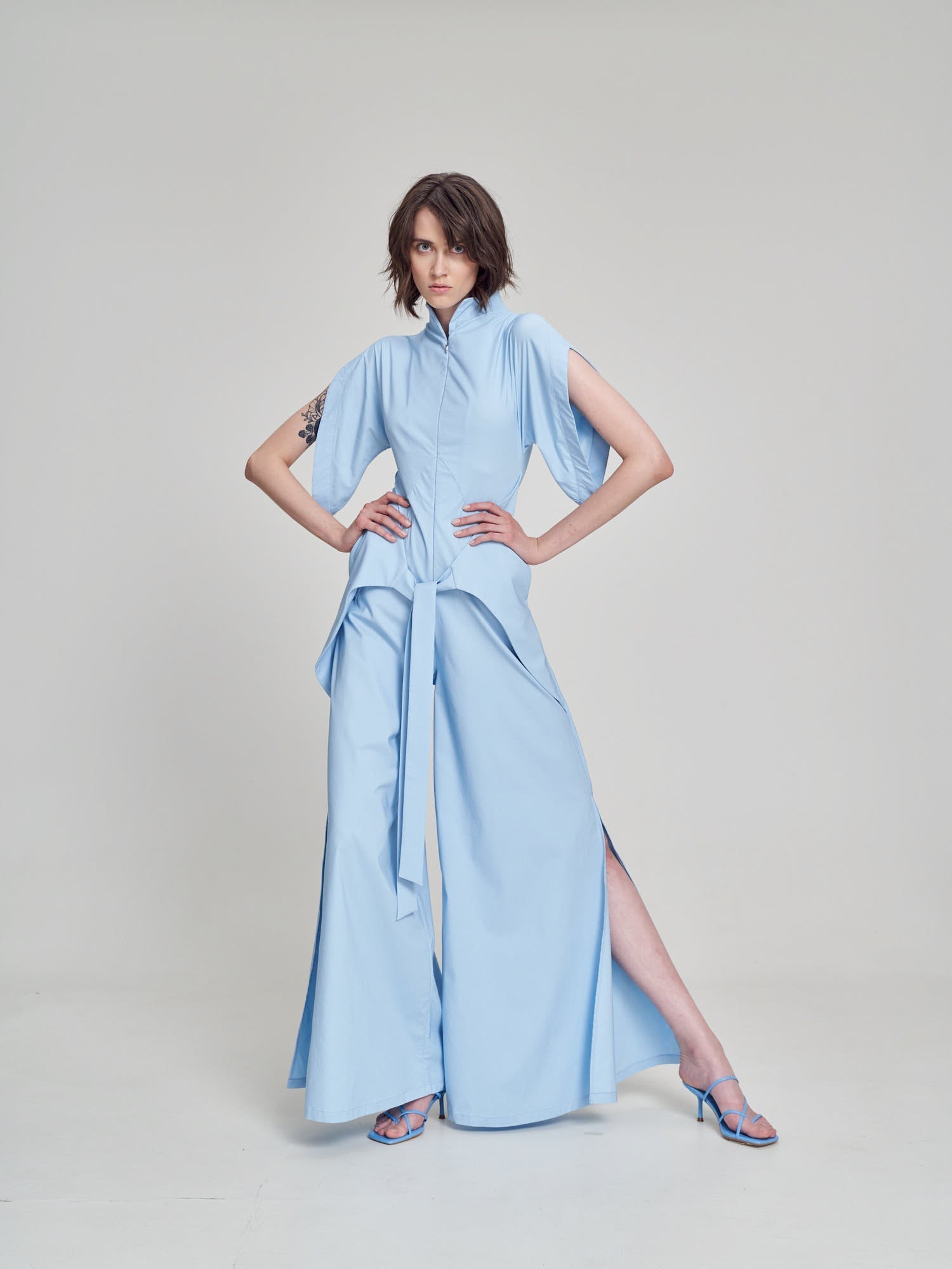 Blue Short Sleeve High Neck Wide-Leg Japanese Kimono