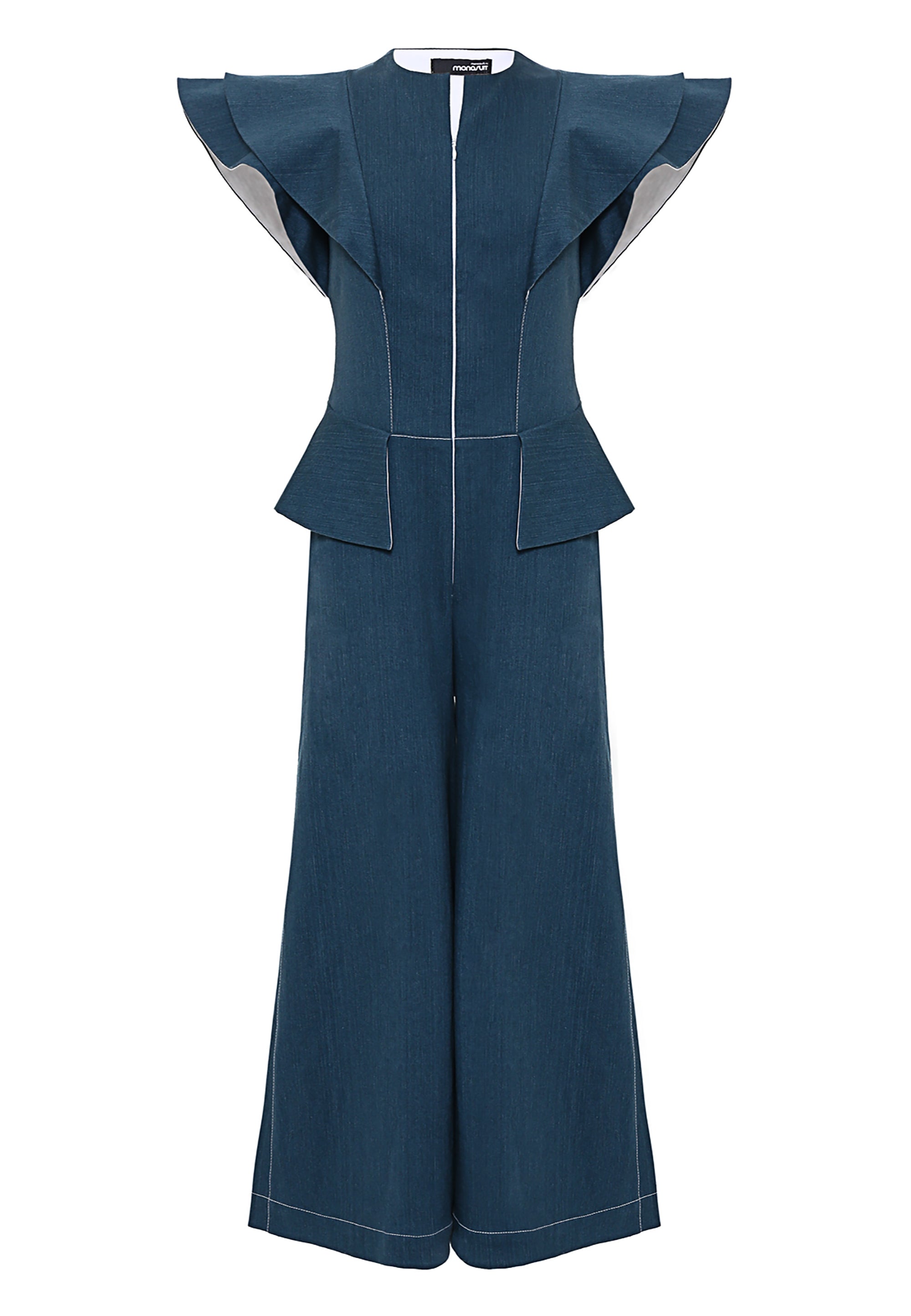 Blue Sleeveless Denim Wide-Leg Full-Length Glam Jumpsuit