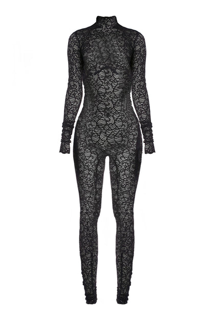 Black Floral Lace Long Sleeve Turtleneck Full Bodysuit