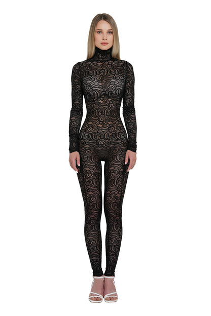 Black Floral Lace Long Sleeve Turtleneck Full Bodysuit