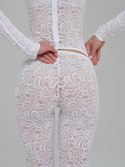 White Floral Lace Sheer Long Sleeve Turtleneck Full Bodysuit