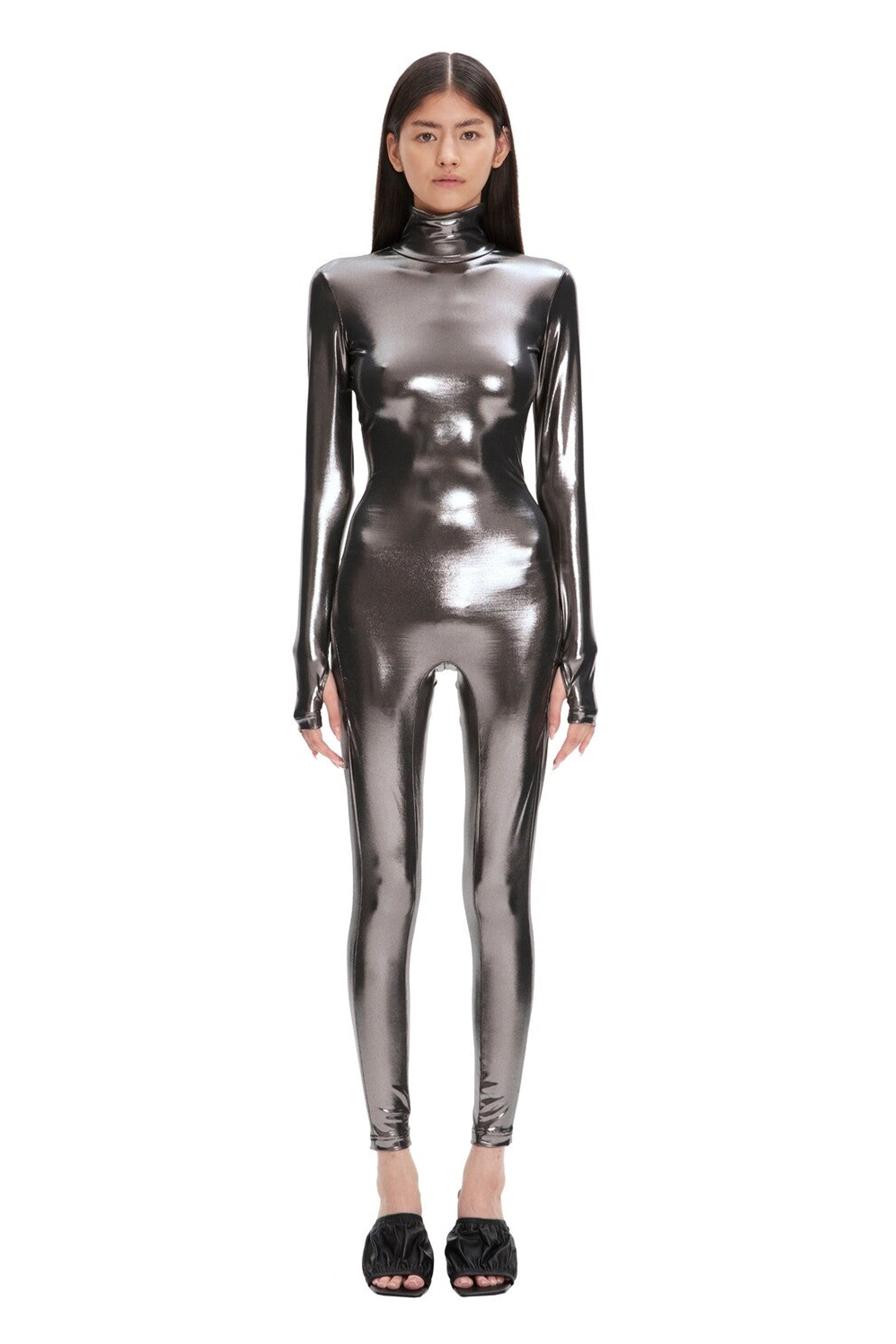 Silver Metallic Long Sleeve Turtleneck Full Bodysuit