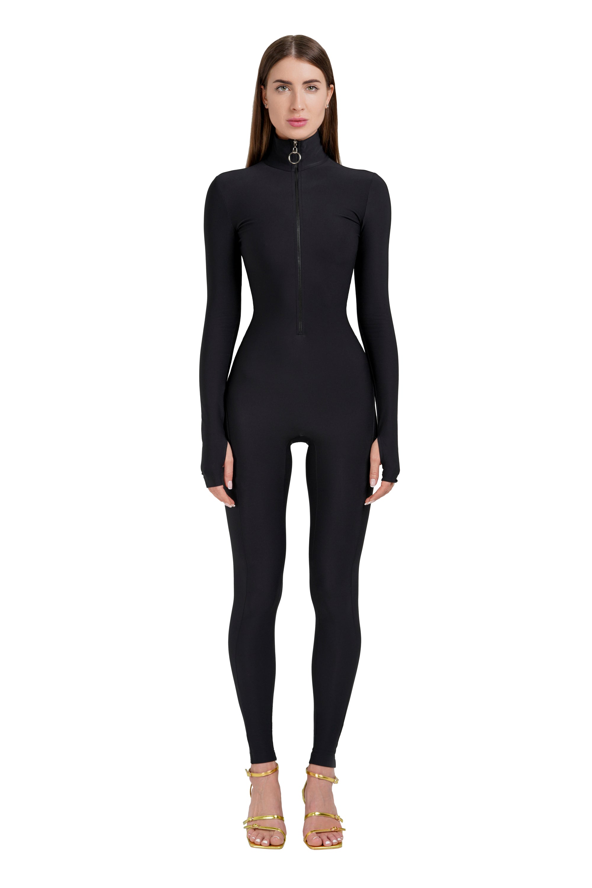 Black Long Sleeve Turtleneck Zip Up Full Bodysuit