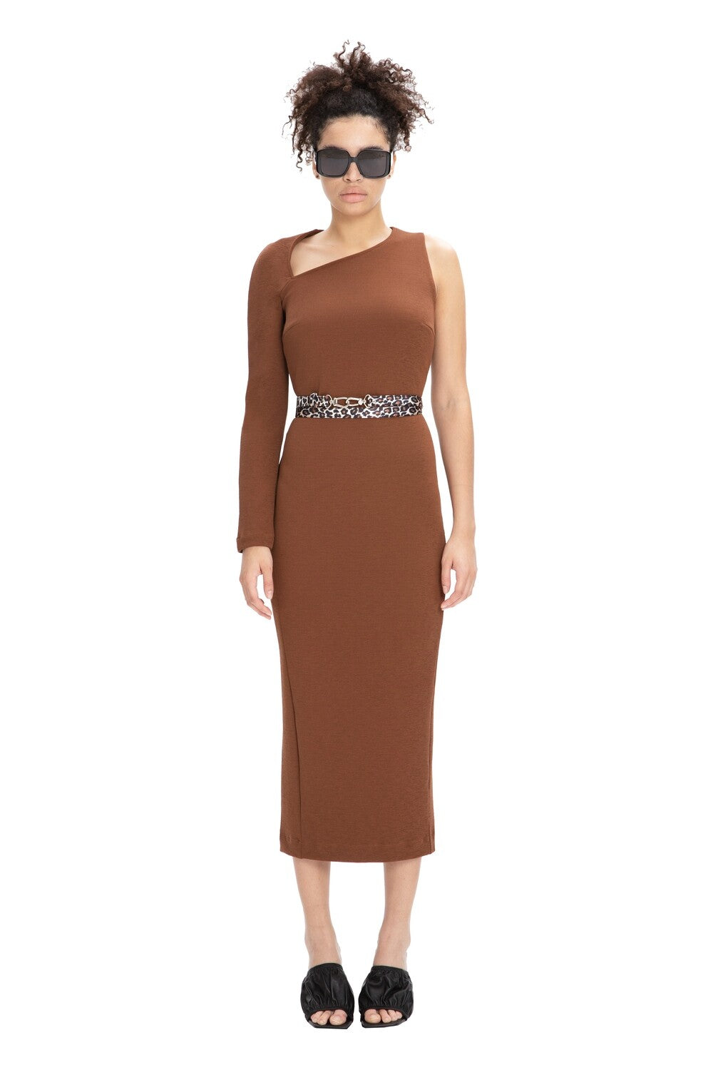 Brown One Sleeve Asymmetric Neck Bodycon Evening Minimalist