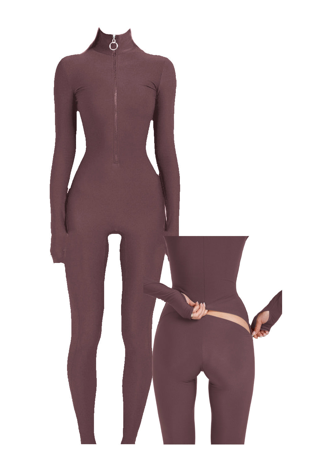 Cocoa Long Sleeve Turtleneck Zip Up Full Bodysuit Total