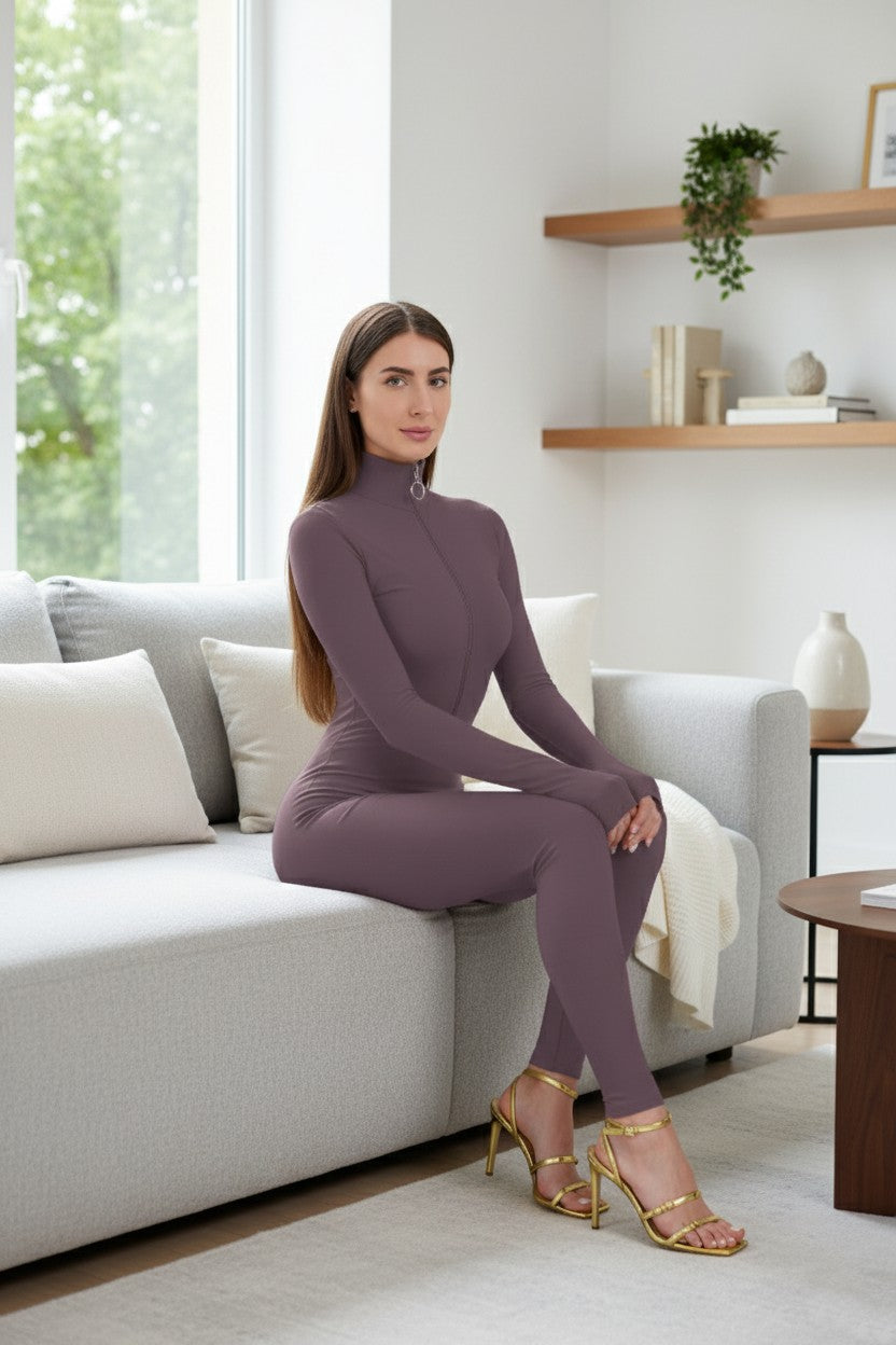 Cocoa Long Sleeve Turtleneck Zip Up Full Bodysuit Total Zipper