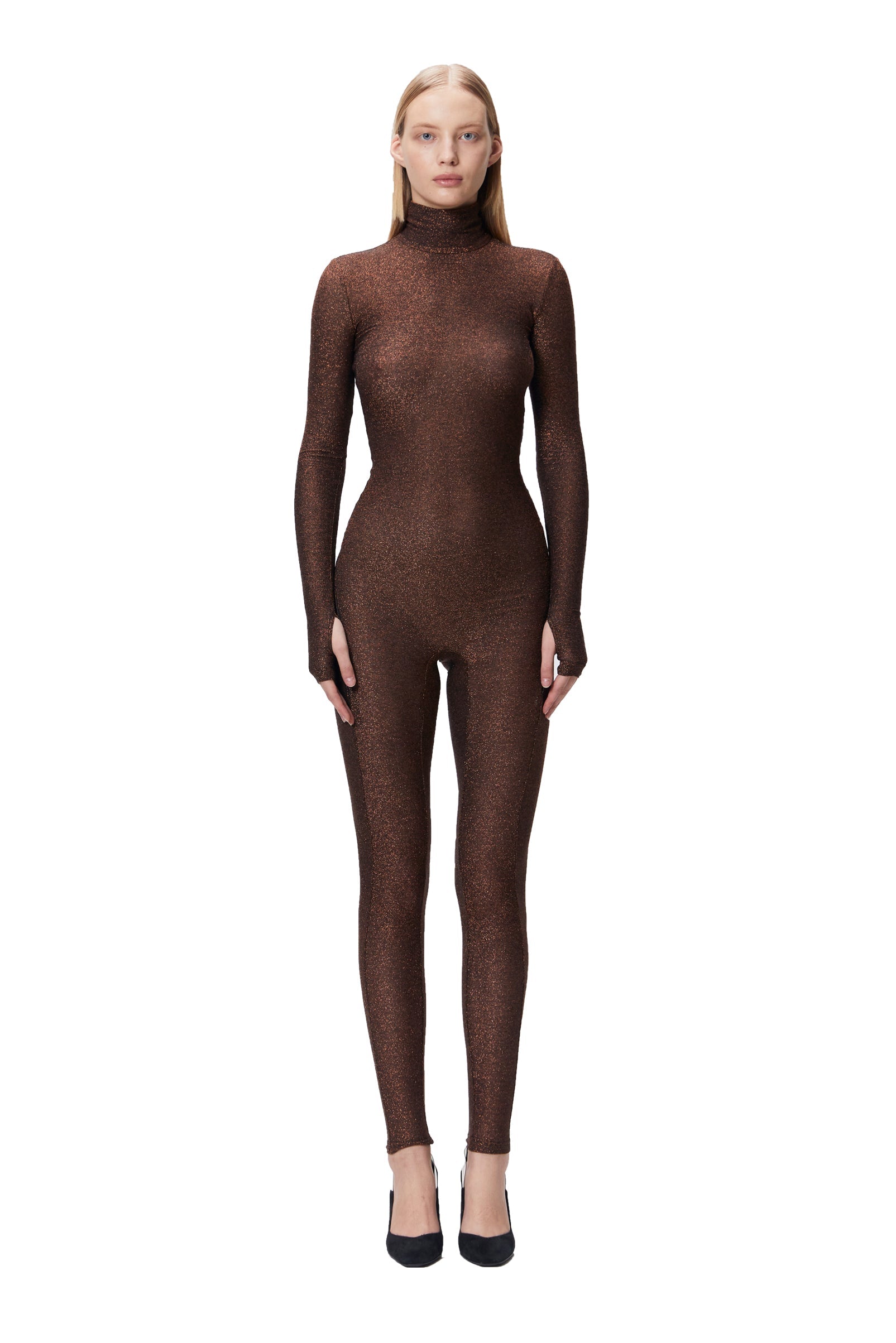 Coffee Sparkly Long Sleeve Turtleneck Full Bodysuit