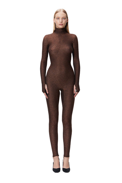 Coffee Sparkly Long Sleeve Turtleneck Full Bodysuit