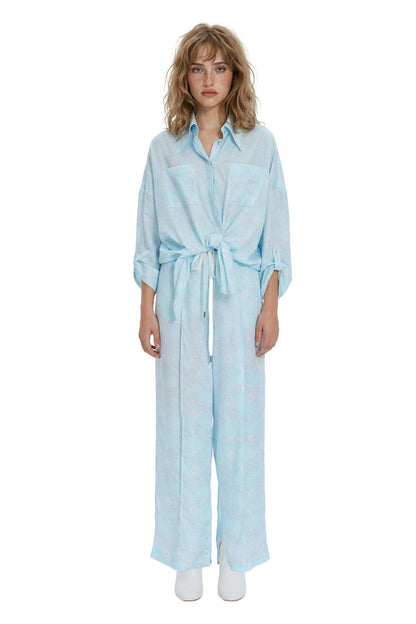Blue Full Length High-Waist Loose Fit Wide Leg Tencel Casual Women's Pants