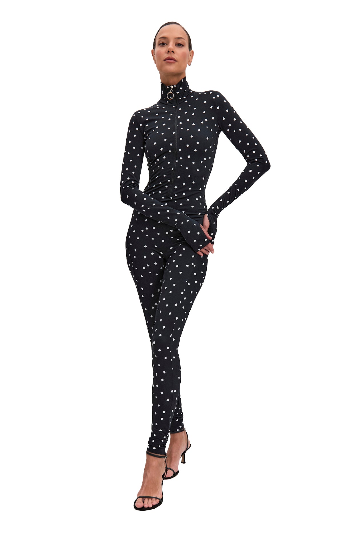 Dots Black Long Sleeve High Neck Full Bodysuit Total Zipper