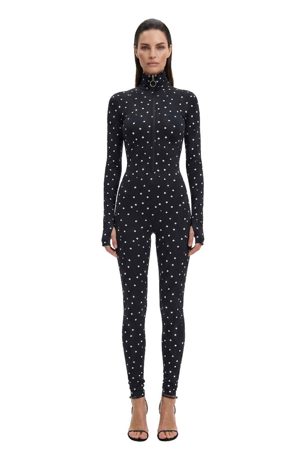 Dots Black Long Sleeve High Neck Full Bodysuit Total Zipper